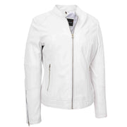 Womens Genuine Leather Biker Jacket Zip Casual Naomi White 1