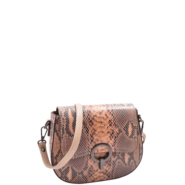 Womens Snake Print Leather Crossbody Saddle Bag Small Casual Handbag A2063 Taupe