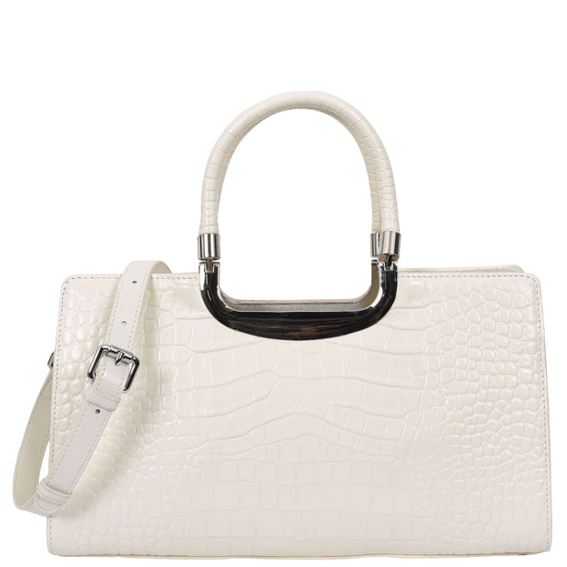 Womens Leather Handbag Croc-Print Casual Fashion Top Handle Tote Bag A880 Off White-5