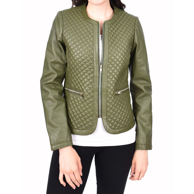 Womens Collarless Olive Green Leather Jacket Fitted Quilted Zip Up - Remi