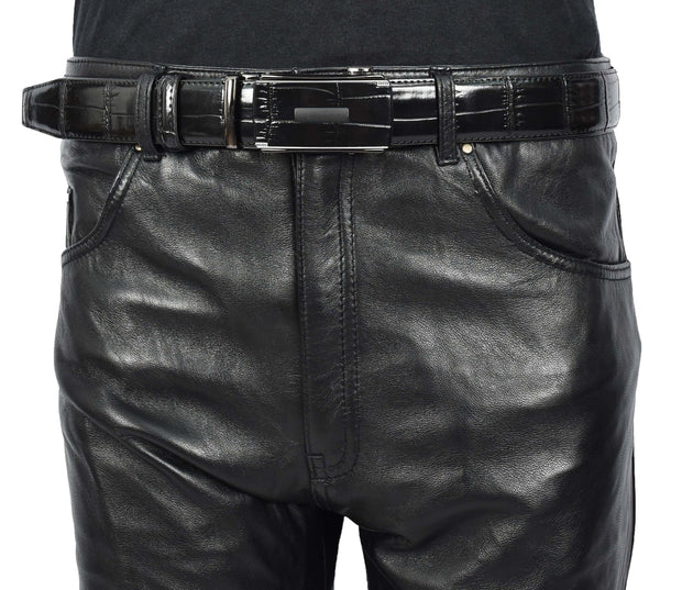 Mens Premium Leather Croc-Pattern Adjustable Ratchet Buckle Belt Daily Wear A03 Black