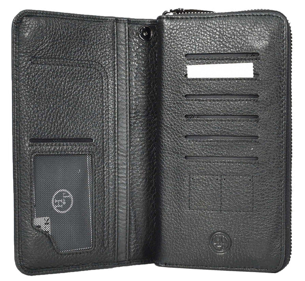 Leather Long Evelope Clutch Purse with Multi- Compartments Card Cash ID Card Travel Wallet A211 Black