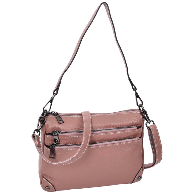 Womens Leather Shoulder Bag Classic Multiple Zip Pockets Handbag A188 Rose-7