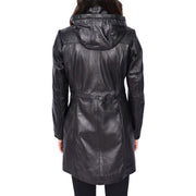 Womens Real Leather Jacket Black Trench 3/4 Long Duffle Detachable Hood Coat Luna