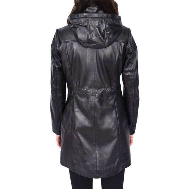 Womens Real Leather Jacket Black Trench 3/4 Long Duffle Detachable Hood Coat Luna
