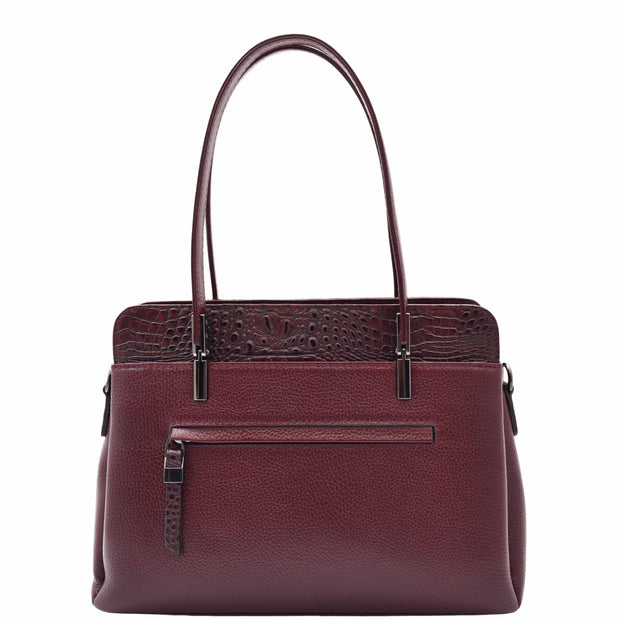 Genuine Leather Shoulder Bag Womens Multi Pockets Croc Trim Fashion Handbag A597 Bordo