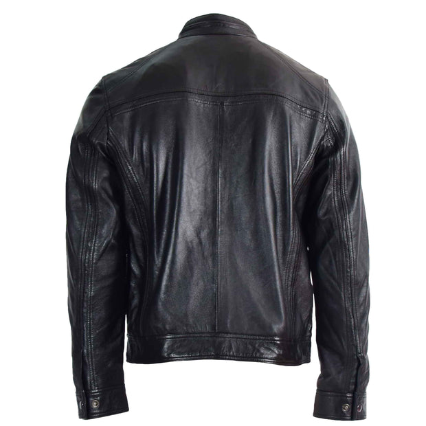 Mens Leather Biker Jacket Vintage Band Collar Fitted CALVIN Black 2