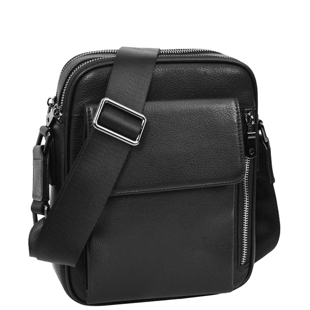 Mens Real Leather Messenger Bag Medium Size Travel Crossbody Multiple Zip Pockets Organiser A1371 Black