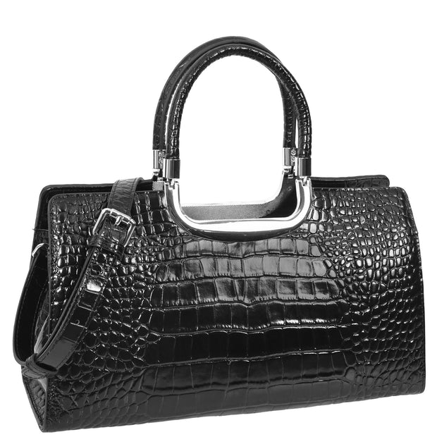 Womens Leather Handbag Croc-Print Casual Fashion Top Handle Tote Bag A880 Black-1