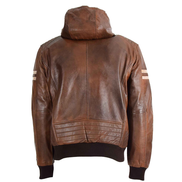 Mens Jacket Real Leather Bomber Zip Detachable Hoodie BRUNO Cognac 2