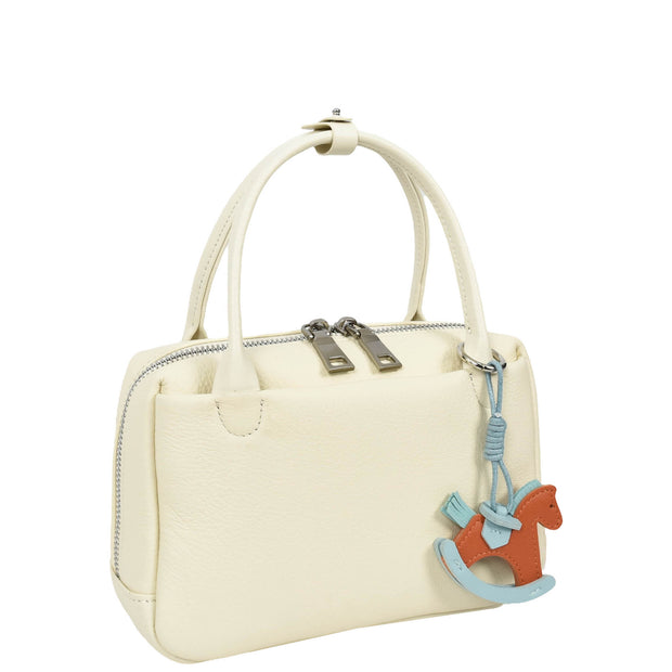 Womens Leather Mini Handbag with Rocking Horse Charm Girls Casual Fashion Tote Lori White