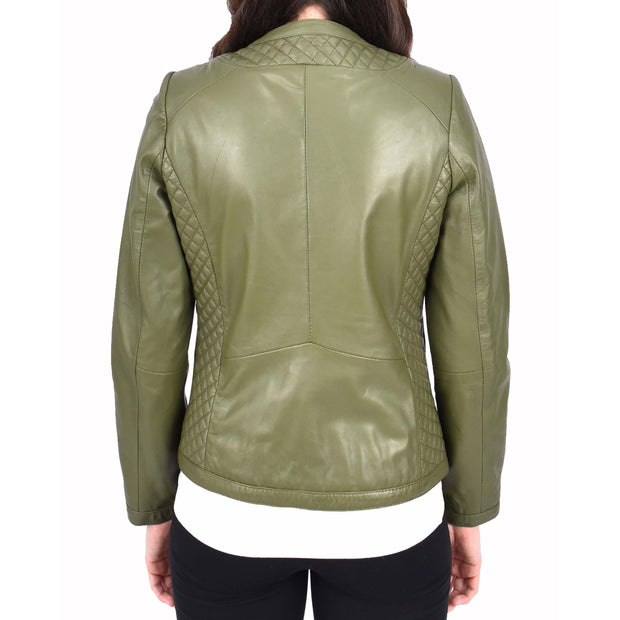 Womens Collarless Olive Green Leather Jacket Fitted Quilted Zip Up - Remi