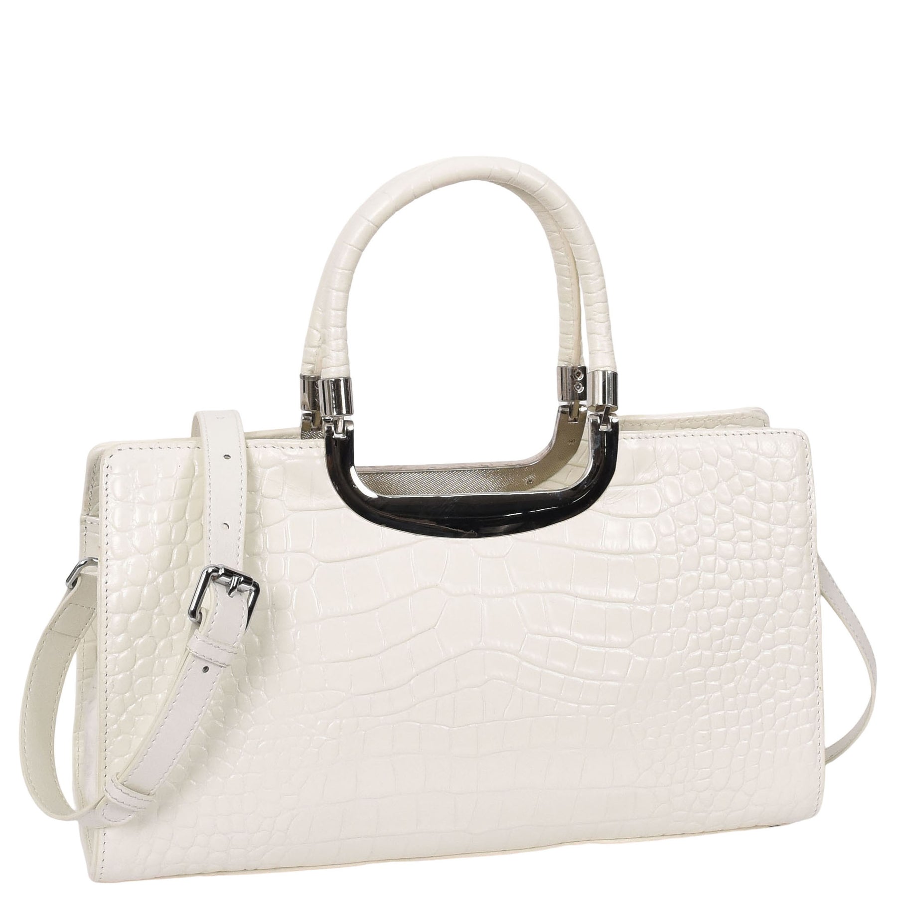 Womens Leather Handbag Croc Print Tote Bag Off White A1 Fashions Goods