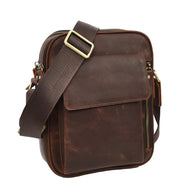 Mens Real Leather Messenger Bag Medium Size Travel Crossbody Multiple Zip Pockets Organiser A1371 Rust Brown