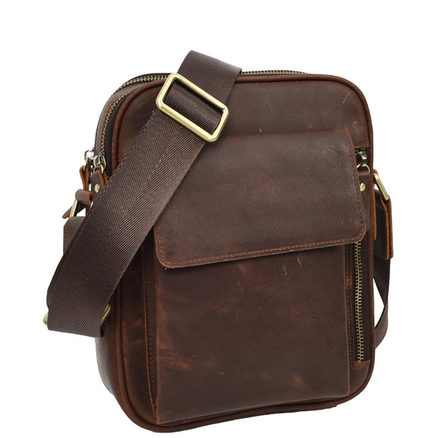 Mens Real Leather Messenger Bag Medium Size Travel Crossbody Multiple Zip Pockets Organiser A1371 Rust Brown