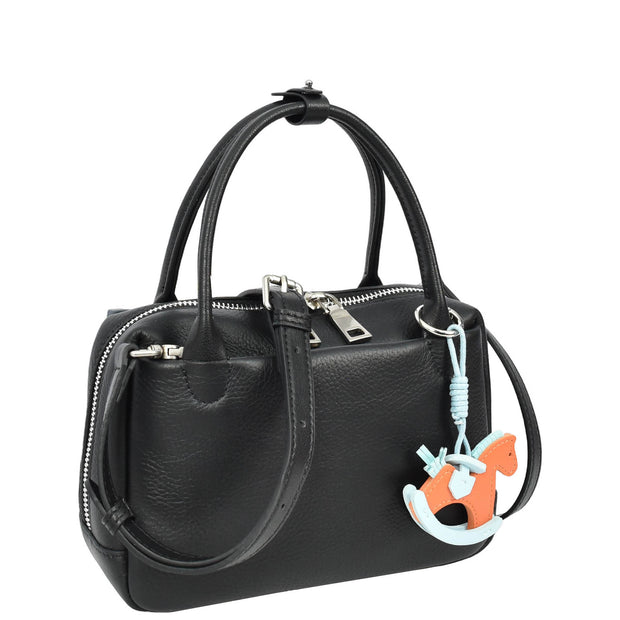 Womens Leather Mini Handbag with Rocking Horse Charm Girls Casual Fashion Tote Lori Black