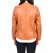 Womens Collarless Cognac Leather Jacket Fitted Quilted Zip Up - Remi
