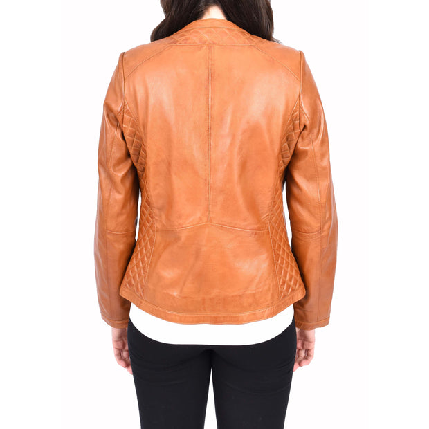 Womens Collarless Cognac Leather Jacket Fitted Quilted Zip Up - Remi