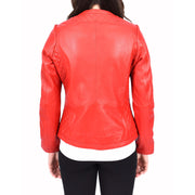 Womens Collarless Red Leather Jacket Fitted Quilted Zip Up - Remi
