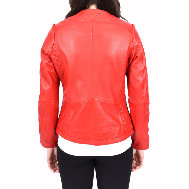 Womens Collarless Red Leather Jacket Fitted Quilted Zip Up - Remi