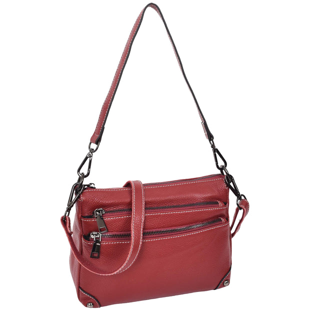 Womens Leather Shoulder Bag Classic Multiple Zip Pockets Handbag A188 Red-8
