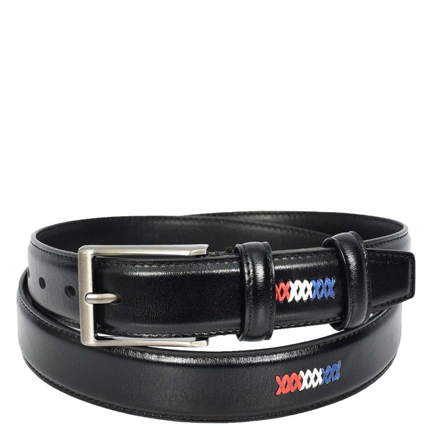 Mens Real Leather Pin Buckle Belt With Stitch Details Classic Style A01 Black