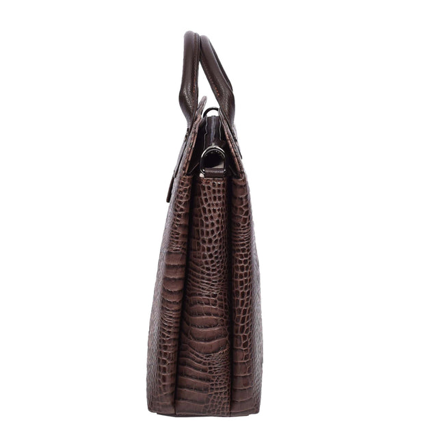 Women's Real Leather Croc-Print Shoulder Bag A4 Size Work Fashion Handbag A293 Brown-3