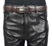 Men's Real Leather Automatic Ratchet Belt with Sliding Buckle Casual Style A02 Brown