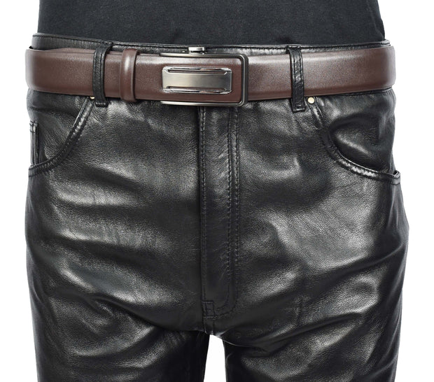 Men's Real Leather Automatic Ratchet Belt with Sliding Buckle Casual Style A02 Brown