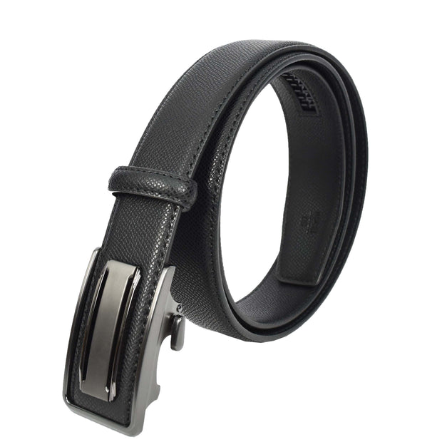 Men's Real Leather Automatic Ratchet Belt with Sliding Buckle Casual Style A02 Black