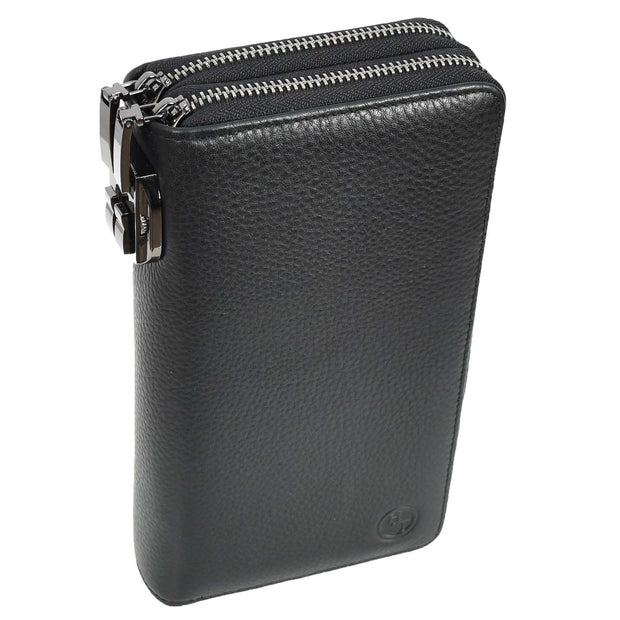 Real Leather Clutch Dual Zipper Large Size Lockable Purse Organiser Travel Wallet A213 Black