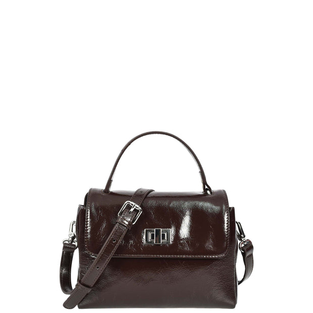 Womens Genuine Leather Small Handbag Glossy Casual Top Handle Crossbody Bag with Turn Lock Oisin Brown