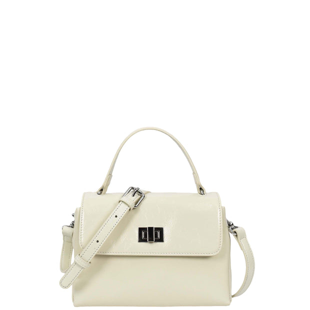 Womens Genuine Leather Small Handbag Glossy Casual Top Handle Crossbody Bag with Turn Lock Oisin White