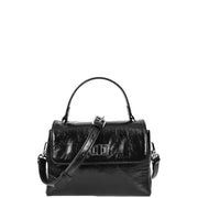 Womens Genuine Leather Small Handbag Glossy Casual Top Handle Crossbody Bag with Turn Lock Oisin Black