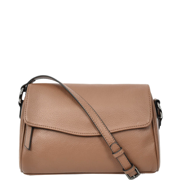 Women's Classic Leather Shoulder Bag Flap-over Design with Organiser Crossbody Messenger Edith Brown
