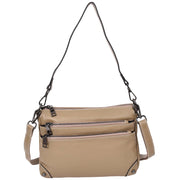 Womens Leather Shoulder Bag Classic Multiple Zip Pockets Handbag A188 Beige-1