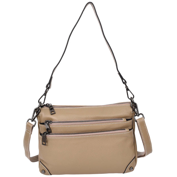Womens Leather Shoulder Bag Classic Multiple Zip Pockets Handbag A188 Beige-1