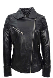 Womens Leather Biker Jacket Cross Zip Style Tina Black 3