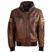 Mens Jacket Real Leather Bomber Zip Detachable Hoodie BRUNO Cognac 3