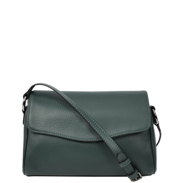 Women's Classic Leather Shoulder Bag Flap-over Design with Organiser Crossbody Messenger Edith Green