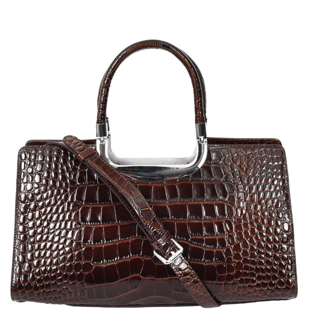 Womens Leather Handbag Croc-Print Casual Fashion Top Handle Tote Bag A880 Brown-9