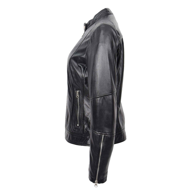 Womens Genuine Leather Biker Jacket Zip Casual Naomi Black 3