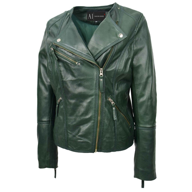 Womens Coat Genuine Leather Biker Jacket Cross Zip Cora Green 3