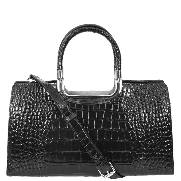 Womens Leather Handbag Croc-Print Casual Fashion Top Handle Tote Bag A880 Black-8
