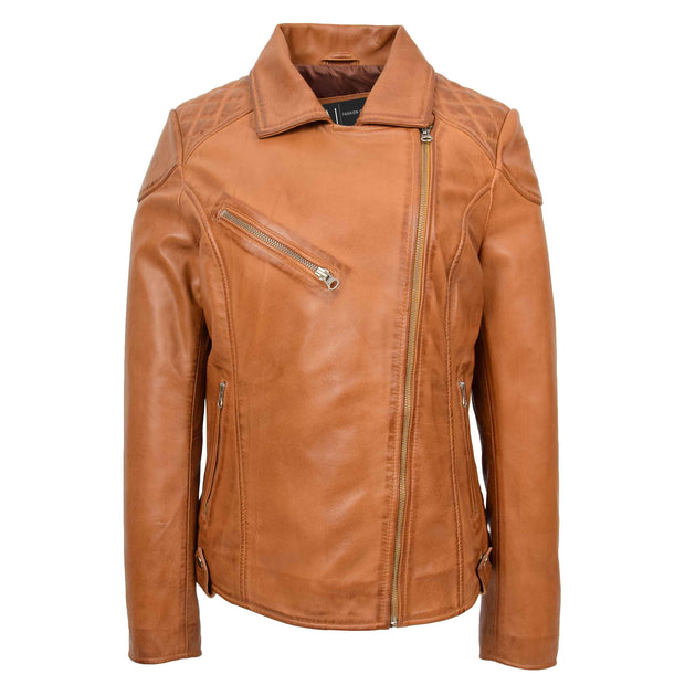Womens Leather Biker Jacket Cross Zip Style Tina Tan 3