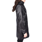 Womens Real Leather Jacket Black Trench 3/4 Long Duffle Detachable Hood Coat Luna