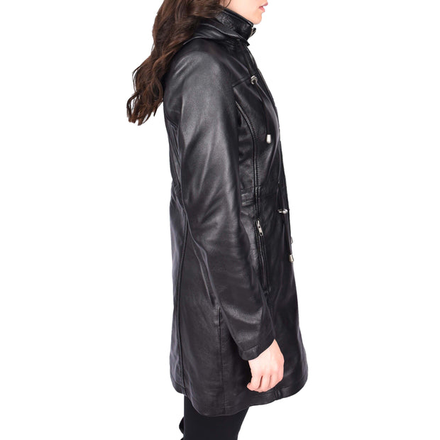 Womens Real Leather Jacket Black Trench 3/4 Long Duffle Detachable Hood Coat Luna