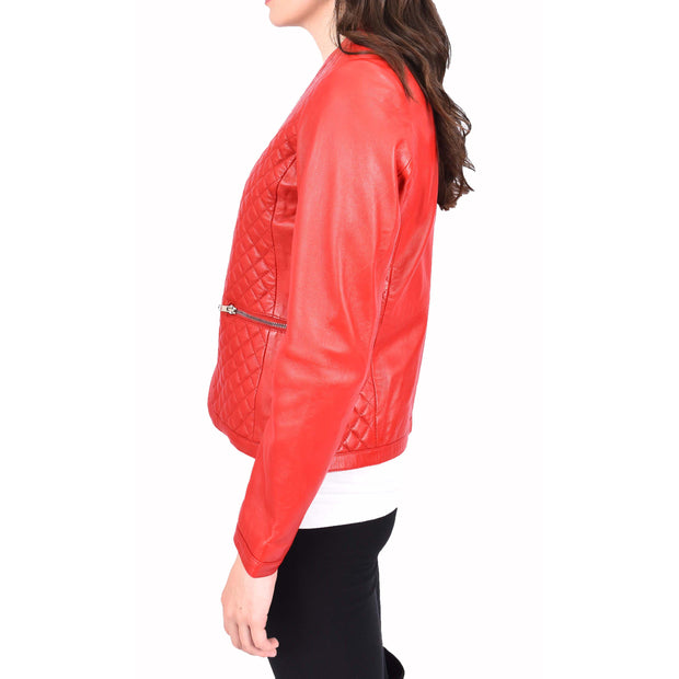 Womens Collarless Red Leather Jacket Fitted Quilted Zip Up - Remi