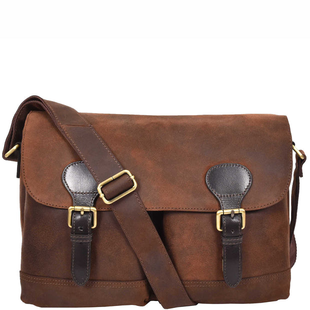Mens Distressed Leather Satchel Twin Buckle Vintage Brown Messenger Laptop Bag A561-8