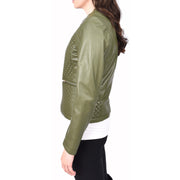 Womens Collarless Olive Green Leather Jacket Fitted Quilted Zip Up - Remi